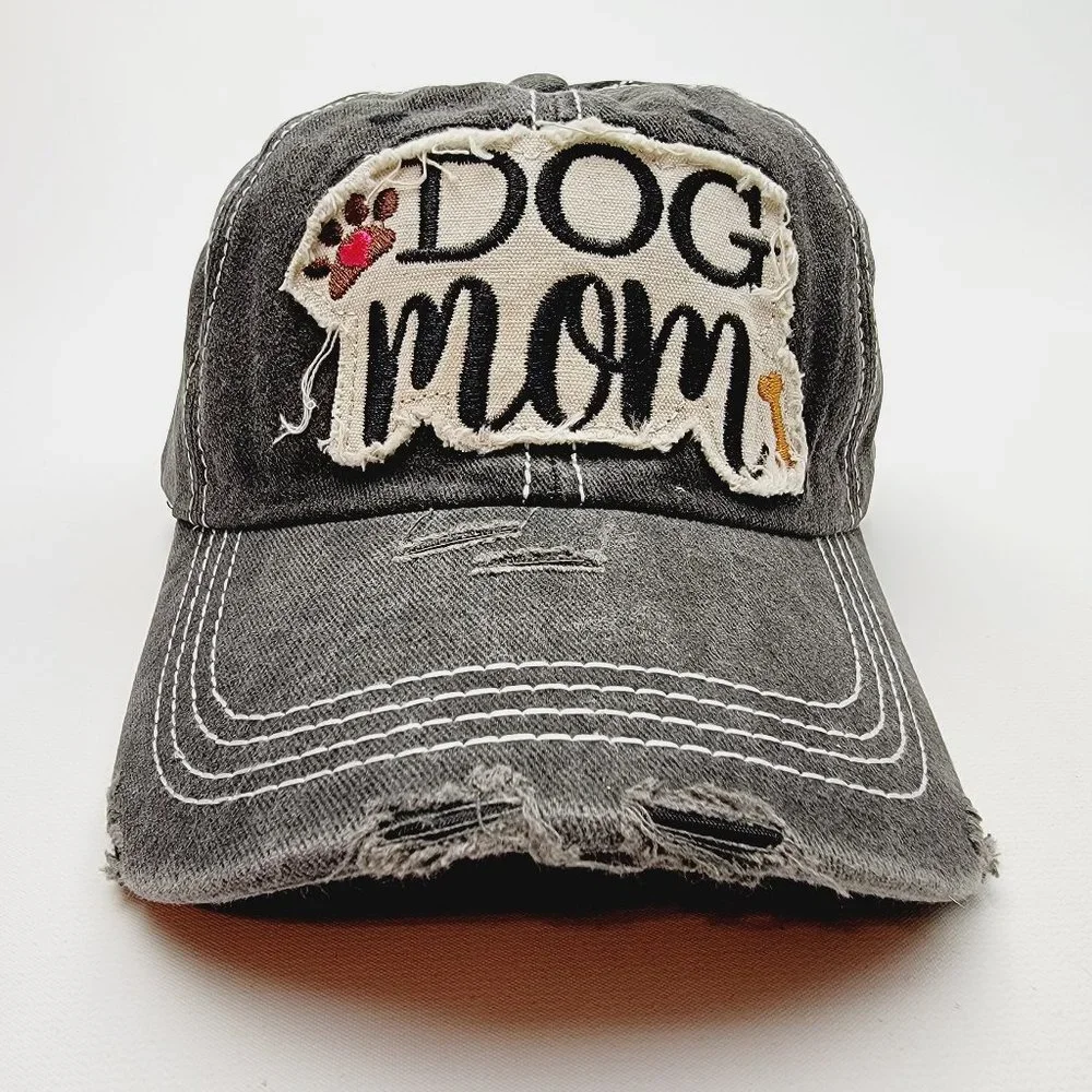 Dog Mom Distressed Relaxed Buckle Strap Full Cover Baseball Hat Cap Washed Black